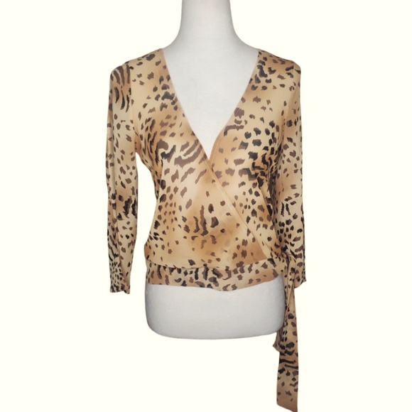 🦋Xinh Animal Print Cross Wrap Sash Tie Semi-Sheer Top - Picture 1 of 4